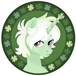 Size: 3000x3000 | Tagged: safe, artist:kabuvee, derpibooru import, oc, oc only, oc:trefoil clover, pony, unicorn, artfight, brown eyes, bust, clover, colored eyebrows, fluffy mane, four leaf clover, frown, gift art, green coat, horn, lineless, long horn, male, male oc, portrait, short mane, solo, stallion, stallion oc, three toned mane, unicorn horn, white mane