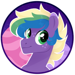 Size: 3000x3000 | Tagged: safe, artist:kabuvee, derpibooru import, oc, oc only, oc:nebuloid love, earth pony, pegasus, pony, artfight, bust, colored eartips, earth pony oc, freckles, gift art, green eyes, lineless, male, male oc, outline, pegasus oc, portrait, purple coat, shiny mane, signature, smiling, solo, stallion, stallion oc, star freckles, striped mane, three toned mane, two toned ears