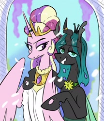 Size: 1852x2153 | Tagged: source needed, safe, artist:smirk, derpibooru import, princess cadance, queen chrysalis, semi-anthro, g4, alternate universe, annoyed, bucktooth, cadance is not amused, clothes, crown, dress, duo, female, flower, hair up, jewelry, lesbian, lidded eyes, marriage, one sided shipping, regalia, ship:cadalis, shipping, unamused