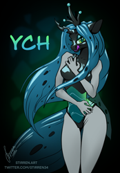 Size: 1640x2360 | Tagged: safe, artist:stirren, derpibooru import, queen chrysalis, anthro, g4, bodysuit, clothes, commission, crown, jewelry, latex, latex suit, living clothes, living suit, looking at you, pinup, ponysuit, regalia, shiny, your character here