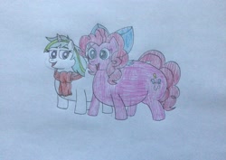 Size: 3129x2221 | Tagged: safe, artist:hritz123, derpibooru import, pinkie pie, oc, drawing, duo, older, older pinkie pie, traditional art