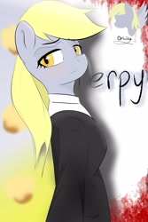 Size: 2362x3543 | Tagged: safe, artist:orivika_, derpibooru import, derpy hooves, anthro, human, g4, black and white, blood, clothes, food, grayscale, humanized, killer, looking at you, monochrome, muffin