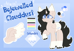 Size: 2486x1714 | Tagged: safe, artist:darling, derpibooru import, oc, oc only, oc:bejewelled clouddust, alicorn, pony, g4, agender, agender pride flag, alicorn oc, horn, lgbt, pansexual, pansexual pride flag, ponysona, pride, pride flag, pronouns, reference sheet, wings