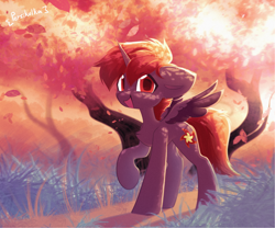 Size: 3000x2500 | Tagged: safe, artist:persikulka, derpibooru import, oc, oc only, oc:hardy, alicorn, pony, alicorn oc, autumn, backlighting, big ears, big eyes, big hooves, chest fluff, colored pupils, colored wings, colored wingtips, concave belly, detailed background, dirt road, ears, eyebrows, eyebrows visible through hair, falling leaves, floppy ears, grass, horn, leaves, looking at you, multicolored mane, multicolored tail, open mouth, open smile, outdoors, purple coat, purple wingtips, raised hoof, raised leg, red eyes, red pupils, signature, slender, small wings, smiling, smiling at you, solo, spread wings, standing, standing on three hooves, tail, thin, tree, two toned wings, unicorn horn, wings