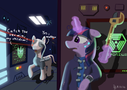 Size: 1527x1080 | Tagged: safe, artist:darkdabula, derpibooru import, twilight sparkle, unicorn twilight, cyborg, pony, unicorn, g4, cyborg pony, glowing, glowing horn, horn, magic, magic aura, pun, shodan, standing, system shock, telekinesis, wrench