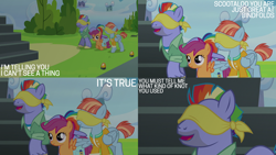 Size: 2000x1125 | Tagged: safe, derpibooru import, edit, edited screencap, editor:quoterific, screencap, bow hothoof, scootaloo, windy whistles, g4, parental glideance, blindfold, blouse, cardigan, cute, cutealoo, trio, windybetes