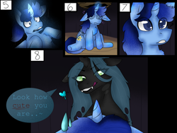 Size: 4000x3000 | Tagged: safe, derpibooru import, queen chrysalis, oc, oc:blue thunder, comic, dizzy, forest, kidnapped, nature, tree