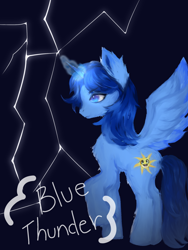 Size: 1536x2048 | Tagged: safe, derpibooru import, oc, oc:blue thunder, hero, lightning, title