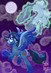 Size: 723x1023 | Tagged: safe, derpibooru import, starlight glimmer, oc, oc:blue thunder, alicorn, flying, magic, moon, telekinesis