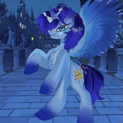 Size: 601x601 | Tagged: safe, derpibooru import, oc, oc:blue thunder, alicorn, canterlot, castle, spread wings, wings