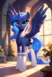 Size: 800x1169 | Tagged: safe, ai content, derpibooru import, generator:pony diffusion v6 xl, generator:stable diffusion, machine learning generated, princess luna, alicorn, pony, g4, clothes, female, mare, prompter:gregorymars, socks, solo