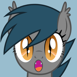 Size: 1024x1024 | Tagged: safe, artist:qncle, derpibooru import, oc, oc only, oc:speck, bat pony, pony, :o, blue background, open mouth, simple background, solo, surprised