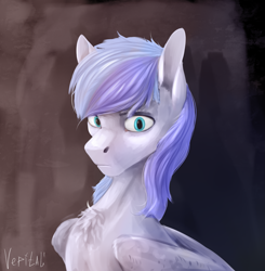 Size: 2065x2105 | Tagged: safe, artist:vepital', derpibooru import, oc, oc only, oc:discoordination, pegasus, blue eyes, bust, chest fluff, folded wings, gift art, looking at you, male, pegasus oc, pegasus wings, portrait, simple background, solo, stallion, two toned mane, wings