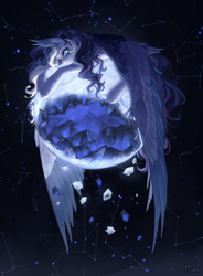 Size: 4000x5428 | Tagged: safe, artist:miurimau, derpibooru import, oc, oc only, pegasus, pony, absurd resolution, commission, constellation, female, frown, geode, hair over one eye, large wings, looking at you, mare, moon, solo, stars, tangible heavenly object, wings, wings down