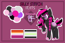 Size: 1490x1000 | Tagged: safe, artist:darling, derpibooru import, oc, oc only, oc:silly stitch, earth pony, pony, agender, agender pride flag, blaze (coat marking), chest fluff, coat markings, color palette, colored hooves, coontails, ear fluff, ears, emo, eye clipping through hair, facial markings, female, hooves, lesbian, lesbian pride flag, lgbt, no catchlights, pink hooves, pride, pride flag, purple eyes, raised hoof, raised leg, reference sheet, scemo, scene, short tail, smiling, standing on three hooves, tail, tongue, tongue out, two toned mane, two toned tail