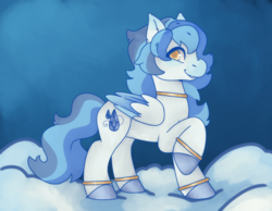 Size: 1800x1400 | Tagged: safe, artist:aquickthwipquip, derpibooru import, oc, oc only, oc:dizzle delight, pegasus, pony, bangles, blue, blue hooves, blue sky, cloud, colored eartips, colored hooves, colored wings, colored wingtips, ear fluff, ears, eyelashes, folded wings, golden eyes, gradient ears, gradient muzzle, hooves, long mane, long tail, looking back, on a cloud, profile, raised hoof, raised leg, shiny hooves, sky background, smiling, standing on a cloud, tail, three toned mane, three toned tail, three toned wings, white coat, wings, yellow pupils