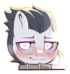 Size: 829x878 | Tagged: safe, artist:cold-blooded-twilight, derpibooru import, rumble, pegasus, pony, bedroom eyes, blushing, collar, colt, foal, glowing, glowing eyes, heart, heart eyes, male, simple background, solo, transparent background, wingding eyes