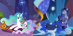 Size: 1280x646 | Tagged: safe, artist:velveagicsentryyt, derpibooru import, king sombra, princess celestia, princess luna, oc, oc:batty, oc:jade, oc:starlit luminary, bat pony, pony, female, filly, foal, good king sombra, offspring, parent:king sombra, parent:princess celestia, parent:princess luna, parents:celestibra, sleeping