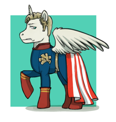 Size: 1276x1339 | Tagged: safe, artist:ichigomaru, derpibooru import, alicorn, pony, cape, clothes, crossover, fanart, homelander, male, ponified, solo, species swap, stallion, suit, superhero, the boys