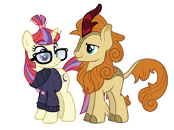 Size: 1000x750 | Tagged: safe, derpibooru import, edit, autumn afternoon, moondancer, kirin, pony, unicorn, clothes, crack shipping, female, glasses, horn, interspecies, male, ship:autumndancer, shipping, simple background, straight, transparent background, vector, vector edit