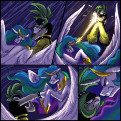 Size: 3000x3000 | Tagged: safe, artist:phantonixx, derpibooru import, princess celestia, alicorn, pony, g4, 4 panel comic, angry, clothes, comic, crossover, duo, epic, eye contact, female, fight, glowing, glowing horn, gritted teeth, horn, laser, looking at each other, looking at someone, mare, punch, sonic the hedgehog (series), spread wings, surge the tenrec, teeth, wings