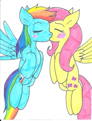 Size: 844x1108 | Tagged: safe, artist:cmara, derpibooru import, fluttershy, rainbow dash, pegasus, blushing, duo, duo female, female, flutterdash, kissing, lesbian, shipping