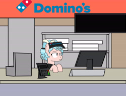 Size: 6500x5000 | Tagged: safe, artist:mixelscraft64, derpibooru import, cozy glow, pegasus, pony, cash register, cashier, desk, domino's, domino's pizza, food, goanimate, logo, pizza, pizza box, redraw, scene recreation