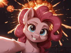 Size: 1376x1032 | Tagged: safe, ai content, derpibooru import, generator:pony diffusion v6 xl, generator:stable diffusion, machine learning generated, pinkie pie, earth pony, pony, g4, cheek fluff, chest fluff, ear fluff, ears, explosion, female, fluffy, looking at you, mare, prompter:ramprover, selfie, smiling, solo