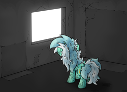 Size: 4656x3396 | Tagged: safe, artist:background basset, derpibooru import, lyra heartstrings, pony, unicorn, g4, corrupted, cracks, dirty, edgy, horn, messy mane, solo, window