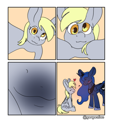 Size: 2901x3098 | Tagged: safe, artist:aliceg, derpibooru import, derpy hooves, princess luna, alicorn, pegasus, pony, blushing, kissing