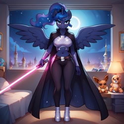 Size: 1024x1024 | Tagged: safe, ai content, derpibooru import, generator:pony diffusion v6 xl, generator:stable diffusion, machine learning generated, princess luna, alicorn, anthro, belly, belly button, canterlot, cityscape, clothes, cosplay, costume, female, gamer luna, generator:civitai, indoors, jedi, lightsaber, looking at you, mare, midriff, plushie, prompter:shajoe, purple lightsaber, robe, smiling, smiling at you, solo, star wars, weapon, window