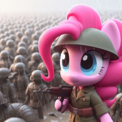 Size: 1024x1024 | Tagged: safe, ai content, derpibooru import, machine learning generated, pinkie pie, g4, army, army helmet, female, helmet, prompter:pinkiepiepics