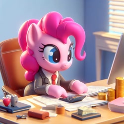 Size: 1024x1024 | Tagged: safe, ai content, derpibooru import, machine learning generated, pinkie pie, g4, accountant, chair, computer, keyboard, office, office chair, prompter:pinkiepiepics, solo