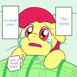 Size: 900x900 | Tagged: safe, artist:unitxxvii, derpibooru import, apple bloom, earth pony, pony, bed, crying, female, filly, foal, in bed, meme, open mouth, ponified, ponified meme, sheet, sobbing, species swap, speech bubble, text