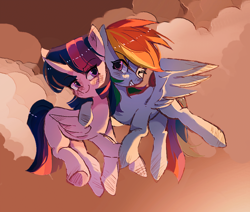 Size: 1080x916 | Tagged: safe, artist:13748633, derpibooru import, rainbow dash, twilight sparkle, twilight sparkle (alicorn), alicorn, pegasus, pony, cloud, female, flying, grin, lesbian, mare, one eye closed, shipping, smiling, spread wings, twidash, wings, wink