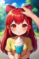 Size: 5220x7832 | Tagged: safe, ai content, machine learning generated, apple bloom, human, adorabloom, blushing, bow, cute, female, food, hair bow, human female, humanized, ice cream, ice cream cone, looking at you, petting, pov