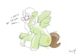 Size: 2293x1607 | Tagged: safe, artist:foxxy-arts, derpibooru import, oc, oc:saga, human, inflatable pony, pegasus, air inflation, air nozzle, blushing, choker, dialogue, female, glasses, human to pony, inanimate tf, inflatable, inflation, looking at self, looking back, mare, onomatopoeia, open mouth, partial color, ponysona, signature, simple background, solo, species swap, spiked choker, spread wings, sweat, sweatdrops, transformation, white background, wings