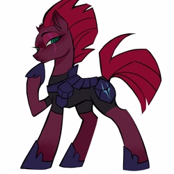 Size: 4096x4096 | Tagged: safe, artist:qianjibahe, derpibooru import, tempest shadow, pony, unicorn, g4, armor, broken horn, concave belly, female, horn, looking sideways, mare, raised hoof, raised leg, scar, simple background, slender, solo, tail, thin, white background