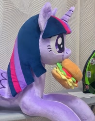 Size: 942x1200 | Tagged: safe, artist:mdcraft10, derpibooru import, twilight sparkle, twilight sparkle (alicorn), alicorn, pony, burger, cute, food, irl, photo, plushie, solo, twiabetes, twilight burgkle