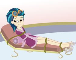 Size: 2500x2000 | Tagged: safe, artist:nie-martw-sie-o-mnie, derpibooru import, part of a set, indigo zap, human, equestria girls, g4, bathrobe, bondage, clothes, feather, feet, female, foot tickling, goggles, goggles on head, robe, rope, rope bondage, solo, spa, tickling, tied down