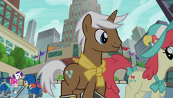 Size: 1280x720 | Tagged: safe, derpibooru import, screencap, crimson cream, fashion statement, mare e. belle, mochaccino, rare find, rarity, pony, g4, season 6, the gift of the maud pie, forecheck, grape candy, ice, ice skates, manehattan, pumpkin puck, skates