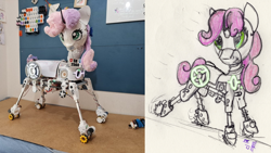 Size: 5952x3347 | Tagged: safe, artist:teakay-c-ii-r, derpibooru exclusive, derpibooru import, sweetie belle, sweetie bot, oc, oc only, oc:sweetie bot 2560, pony, robot, robot pony, unicorn, g4, :p, electronics, gears, horn, photo, redraw, servo, solo, tongue, tongue out, wires