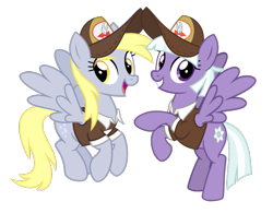 Size: 723x563 | Tagged: safe, derpibooru import, edit, appointed rounds, derpy hooves, pegasus, pony, g4, bangs, clothes, cute, duo, duo female, female, hat, lesbian, looking at you, mailmare, ship:appointedderp, shipping, simple background, smiling, smiling at you, spread wings, transparent background, vector, vector edit, wings