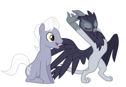 Size: 796x551 | Tagged: safe, derpibooru import, edit, giselle, irma, royal riff, earth pony, griffon, pony, g4, duo, duo male and female, female, interspecies, male, open mouth, open smile, ship:riffelle, shipping, simple background, smiling, stallion, straight, stretching, transparent background, vector, vector edit