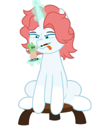 Size: 2500x3000 | Tagged: safe, artist:besttubahorse, derpibooru import, oc, oc only, oc:whimsical wishes, unicorn, figurine, horn, magic, paintbrush, simple background, sitting, solo, squint, stool, telekinesis, tongue, tongue out, transparent background, vector