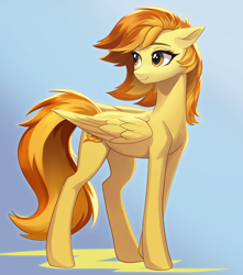 Size: 2448x2768 | Tagged: safe, artist:sierraex, derpibooru import, spitfire, pegasus, pony, alternate hairstyle, eyebrows, female, folded wings, gradient background, high res, long legs, looking back, mare, smiling, solo, wings