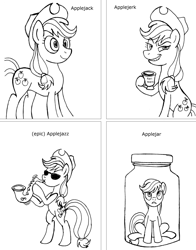 Size: 2481x3170 | Tagged: safe, artist:fleximusprime, derpibooru import, applejack, earth pony, pony, g4, applejerk, black and white, evil smile, grayscale, grin, hat, implied rarity, jar, lewd container meme, monochrome, musical instrument, saxophone, simple background, smiling, smirk, solo, sunglasses, white background, your tears are delicious