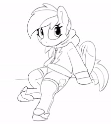 Size: 1835x2048 | Tagged: safe, artist:pabbley, derpibooru import, rainbow dash, pegasus, pony, g4, black and white, clothes, female, grayscale, hoodie, mare, monochrome, shoes, simple background, sitting, sneakers, socks, solo, thigh highs, white background