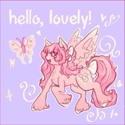 Size: 904x903 | Tagged: safe, artist:junniepiepoopop, derpibooru import, oc, oc only, oc:lisa, butterfly, pegasus, pony, bangs, bow, chest fluff, colored eyelashes, colored hooves, colored wings, ear fluff, ears, female, floating heart, gradient legs, gradient wings, hair accessory, heart, heart mark, hock fluff, hooves, looking at something, mane accessory, mare, no pupils, open mouth, open smile, pink coat, pink eyelashes, pink mane, pink tail, pink text, ponysona, profile, pubic fluff, purple background, purple eyes, raised hoof, raised leg, simple background, smiling, solo, sparkles, spread wings, striped mane, striped tail, tail, tail bow, text, two toned mane, two toned tail, unshorn fetlocks, wavy mane, wavy tail, white bow, white hooves, wings