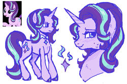 Size: 687x456 | Tagged: safe, artist:junniepiepoopop, derpibooru import, starlight glimmer, pony, unicorn, g4, blue eyes, blush scribble, blushing, bust, chest fluff, collar, colored hooves, ear fluff, ears, eyelashes, female, hooves, horn, lidded eyes, looking back, mare, pink coat, purple hooves, reference used, shiny hooves, simple background, slender, smiling, solo, standing, sweat, sweatdrop, tail, thin, thin legs, two toned mane, two toned tail, unicorn horn, wavy mane, wavy tail, white background